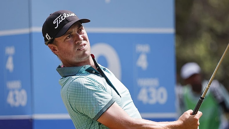 Mar 17, 2023; Palm Harbor, Florida, USA; Justin Thomas plays his shot from the ninth tee during the second round of the Valspar Championship golf tournament. Mandatory Credit: Reinhold Matay-USA TODAY Sports
