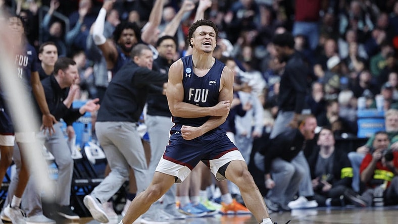 Mar 17, 2023; Columbus, OH, USA; Fairleigh Dickinson Knights guard Grant Singleton (4) reacts to play in the second half against the Purdue Boilermakers at Nationwide Arena. Mandatory Credit: Rick Osentoski-USA TODAY Sports
