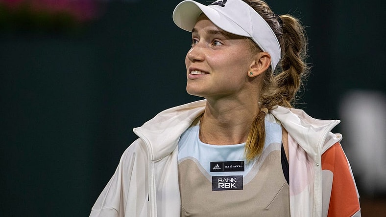 Elena Rybakina of Kazakhstan smiles to fans after defeating Iga Swiatek of Poland in their semifinal match at the BNP Paribas Open at the Indian Wells Tennis Garden in Indian Wells, Calif., Friday, March 17, 2023.