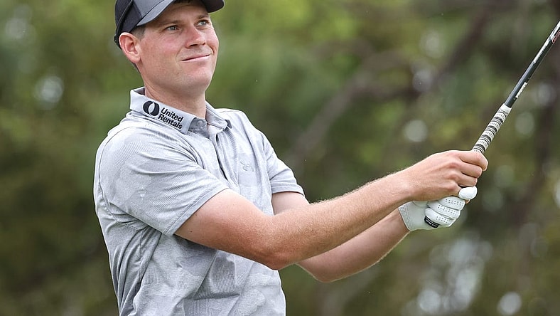 Mar 18, 2023; Palm Harbor, Florida, USA; Adam Schenk plays his shot from the first tee during the third round of the Valspar Championship golf tournament. Mandatory Credit: Reinhold Matay-USA TODAY Sports