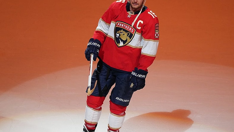 Mar 18, 2023; Sunrise, Florida, USA;  Florida Panthers center Aleksander Barkov (16) is recognized as one of the stars of the game following the 4-2 victory over th eNew Jersey Devils at FLA Live Arena. Mandatory Credit: Jim Rassol-USA TODAY Sports