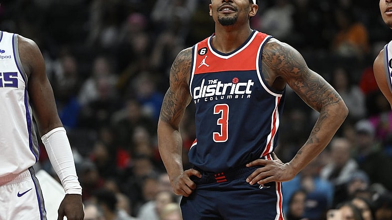 Mar 18, 2023; Washington, District of Columbia, USA; Washington Wizards guard Bradley Beal (3) looks on against the Sacramento Kings during the second half at Capital One Arena. Mandatory Credit: Brad Mills-USA TODAY Sports