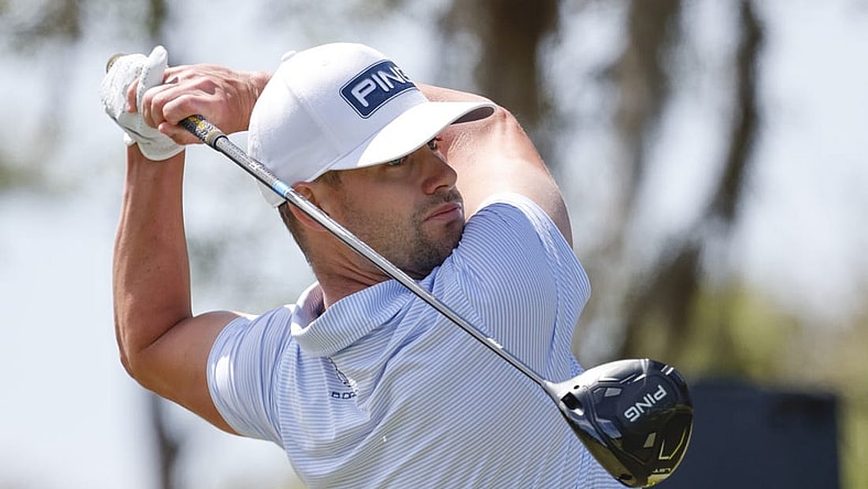 Mar 19, 2023; Palm Harbor, Florida, USA;  Taylor Moore plays his shot from the second tee during the Valspar Championship golf tournament. Mandatory Credit: Reinhold Matay-USA TODAY Sports