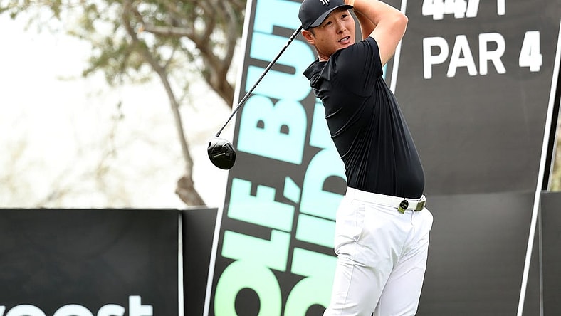Mar 19, 2023; Tucson, Arizona, USA; Danny Lee hits from the 18th tee during the final round of the LIV Golf event at The Gallery Golf Club. Mandatory Credit: Zachary BonDurant-USA TODAY Sports