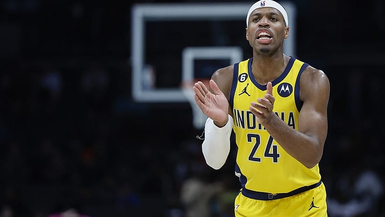 Mar 20, 2023; Charlotte, North Carolina, USA; Indiana Pacers guard Buddy Hield (24) encourages his team as they play against the Charlotte Hornets during the second half at Spectrum Center. Mandatory Credit: Nell Redmond-USA TODAY Sports