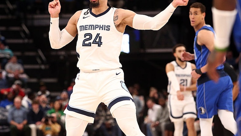 Mar 20, 2023; Memphis, Tennessee, USA; Memphis Grizzlies forward Dillon Brooks (24) reacts toward the the Dallas Mavericks bench after a basket during the second half at FedExForum. Mandatory Credit: Petre Thomas-USA TODAY Sports