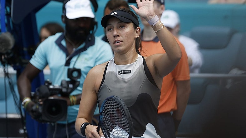 Mar 23, 2023; Miami, Florida, US; Jessica Pegula (USA) waves to the crowd after her match against Katherine Sebov (CAN) (not pictured) on day four of the Miami Open at Hard Rock Stadium. Mandatory Credit: Geoff Burke-USA TODAY Sports