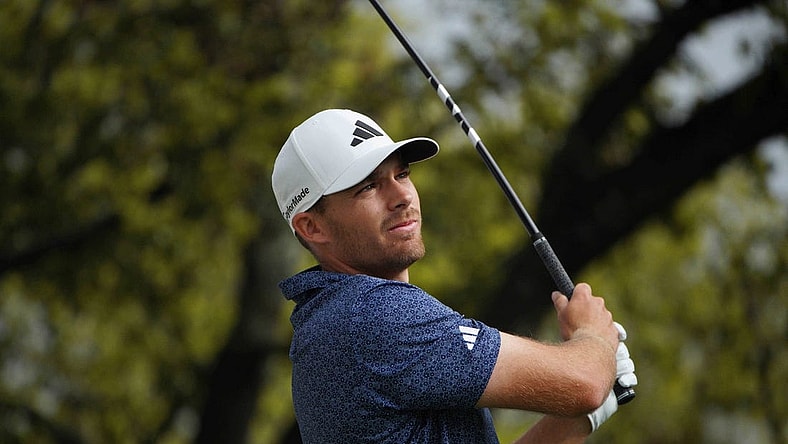 Mar 22, 2023; Austin, Texas, USA; Aaron Wise tees off during the first round of the World Golf Championships-Dell Technologies Match Play golf tournament. Mandatory Credit: Dustin Safranek-USA TODAY Sports