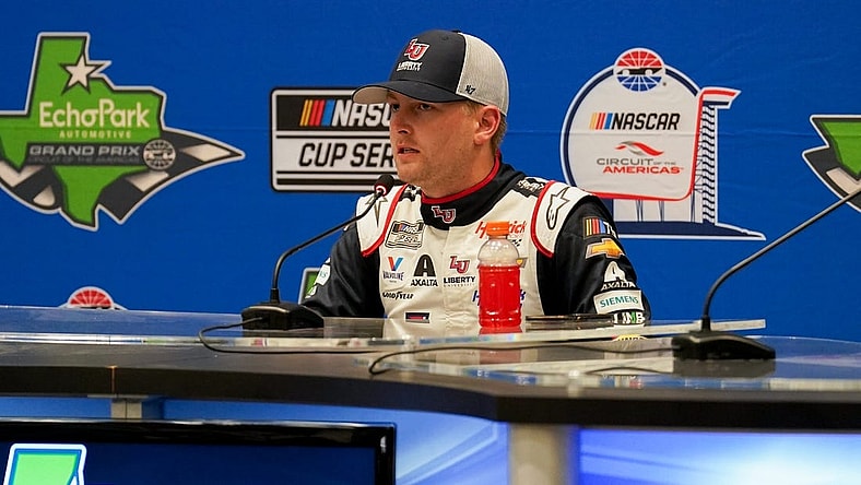 Mar 25, 2023; Austin, Texas, USA;  NASCAR Cup Series driver William Byron (24) addresses the media after gaining pole position at Circuit of the Americas. Mandatory Credit: Daniel Dunn-USA TODAY Sports