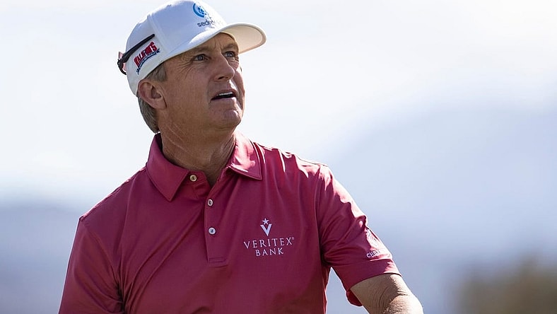 David Toms tees off on 18 during the second round of the Galleri Classic in Rancho Mirage, Calif., Saturday, March 25, 2023.