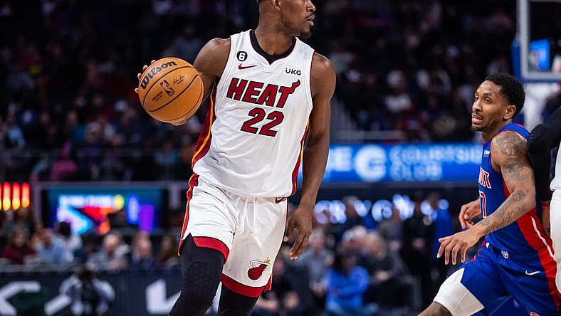 Mar 19, 2023; Detroit, Michigan, USA; Miami Heat forward Jimmy Butler (22) handles the ball in the second quarter against the Detroit Pistons at Little Caesars Arena. Mandatory Credit: Allison Farrand-USA TODAY Sports