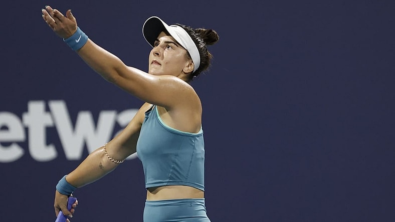 Mar 27, 2023; Miami, Florida, US; Bianca Andreescu (CAN) serves against Ekaterina Alexandrova (not pictured) on day eight of the Miami Open at Hard Rock Stadium. Mandatory Credit: Geoff Burke-USA TODAY Sports