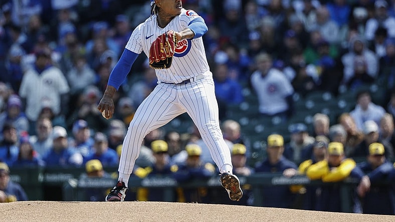 Mar 30, 2023; Chicago, Illinois, USA; Chicago Cubs starting pitcher Marcus Stroman (0) delivers against the Milwaukee Brewers during the first inning at Wrigley Field. Mandatory Credit: Kamil Krzaczynski-USA TODAY Sports