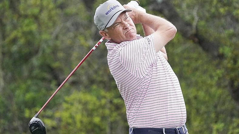 Mar 30, 2023; San Antonio, Texas, USA; Davis Love III plays his shot from the first tee during the first round of the Valero Texas Open golf tournament. Mandatory Credit: Raymond Carlin III-USA TODAY Sports