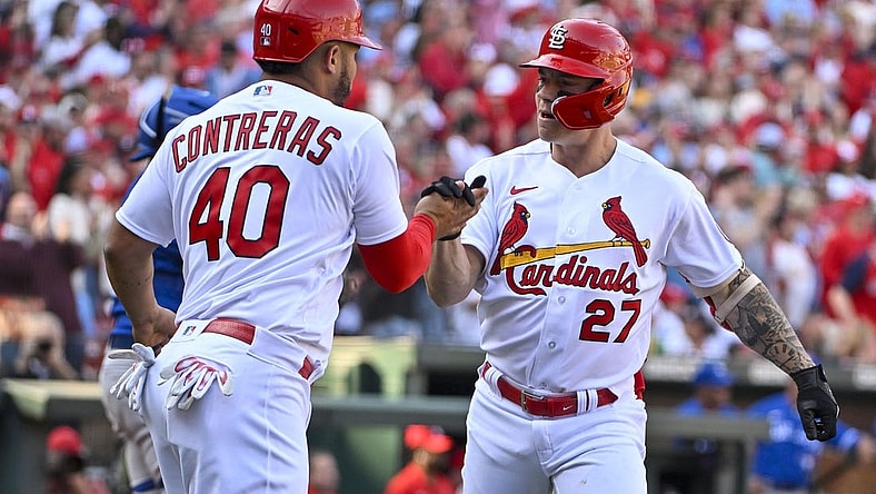 Mar 30, 2023; St. Louis, Missouri, USA; St. Louis Cardinals center fielder Tyler O'Neill (27) celebrates with catcher Willson Contreras (40) after hitting a two run home run against the Toronto Blue Jays during the third inning at Busch Stadium. Mandatory Credit: Jeff Curry-USA TODAY Sports