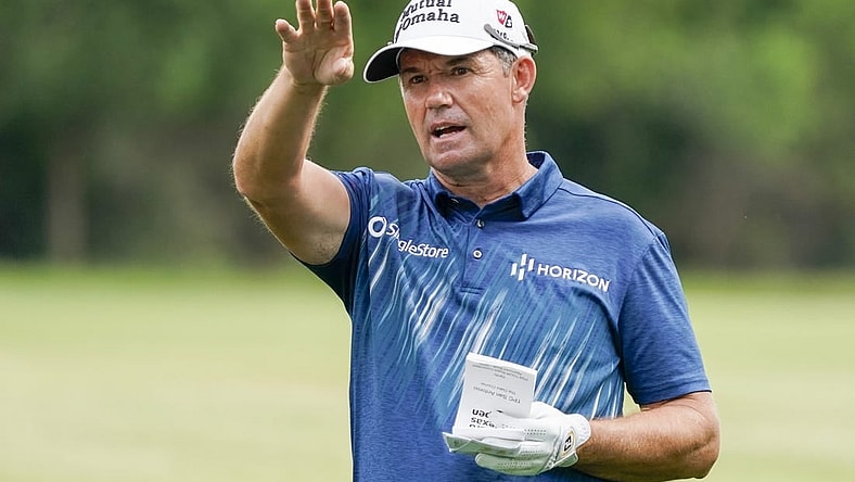 Mar 30, 2023; San Antonio, Texas, USA; Padraig Harrington prepares to play his second shot on the eighth hole during the first round of the Valero Texas Open golf tournament. Mandatory Credit: Raymond Carlin III-USA TODAY Sports