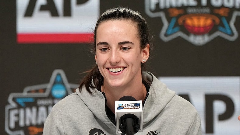 Mar 30, 2023; Dallas, TX, USA; Iowa Hawkeyes guard Caitlin Clark at the Associated Press Coach and Player of the Year press conference at the American Airlines Center. Mandatory Credit: Kirby Lee-USA TODAY Sports