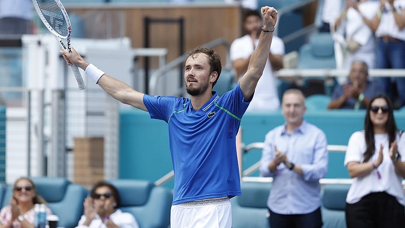 Mar 31, 2023; Miami, Florida, US; Daniil Medvedev celebrates after his match against Karen Khachanov (not pictured) in a men's singles semifinal on day twelve on the Miami Open at Hard Rock Stadium. Mandatory Credit: Geoff Burke-USA TODAY Sports