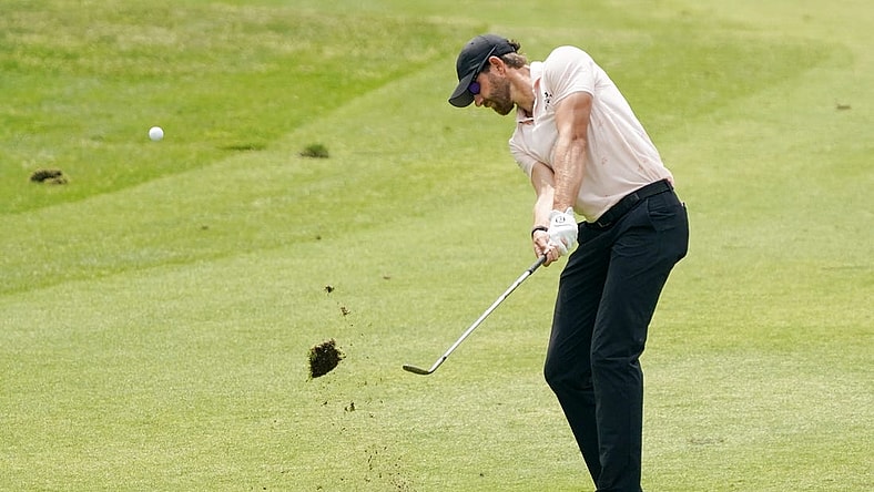 Mar 31, 2023; San Antonio, Texas, USA; Patrick Rodgers plays a shot on the 12th hole during the second round of the Valero Texas Open golf tournament. Mandatory Credit: Raymond Carlin III-USA TODAY Sports