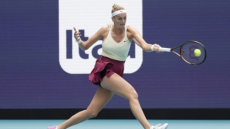 Mar 31, 2023; Miami, Florida, US; Petra Kvitova (CZE) hits a forehand against Sorana Cirstea (ROU) (not pictured) in a women's singles semifinal on day twelve on the Miami Open at Hard Rock Stadium. Mandatory Credit: Geoff Burke-USA TODAY Sports