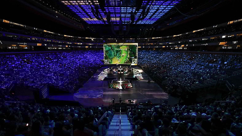 Aug 25, 2019; Detroit, MI, USA; Team Liquid (center left) competes against Cloud9 (center right) during the LCS Summer Finals event at Little Caesars Arena. Mandatory Credit: Raj Mehta-USA TODAY Sports