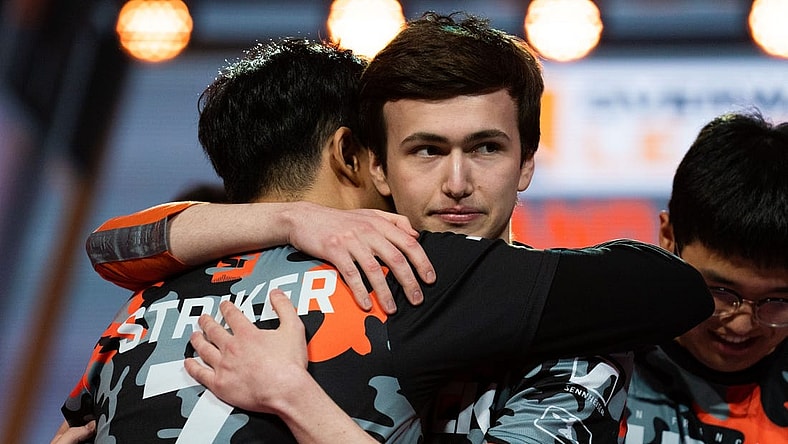 Sep 29, 2019; Philadelphia, PA, USA; San Francisco Shock Matthew DeLisi hugs NamJu Gwon after winning the championship in the Overwatch League Grand Finals e-sports event at Wells Fargo Center. Mandatory Credit: Bill Streicher-USA TODAY Sports