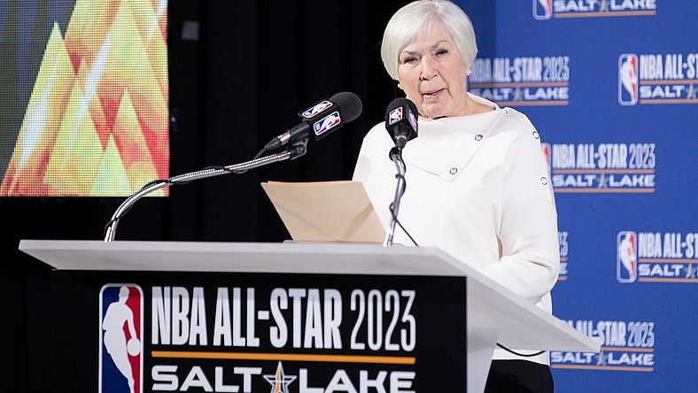 Oct 23, 2019; Salt Lake City, UT, USA; Utah Jazz owner Gail Miller speaks to the press during the 2023 NB All-Star announcement at Vivint Smart Home Arena. Mandatory Credit: Chris Nicoll-USA TODAY Sports