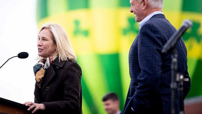 Dee Haslam and her husband Jimmy Haslam speak at the grand opening celebration for the Haslam-Sansom Emerald Youth Foundation complex in Lonsdale in Knoxville, Tenn. on Thursday, Dec. 12, 2019.

Kns Grace 1222