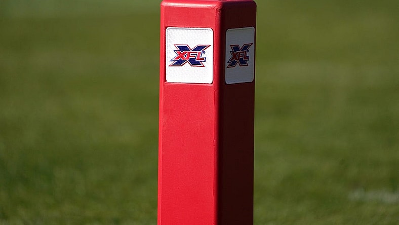 Feb 16, 2020; Carson, California, USA; Detailed view of pylon with XFL logo during the game between the LA Wildcats and the Dallas Renegades Dignity Health Sports Park. Mandatory Credit: Kirby Lee-USA TODAY Sports