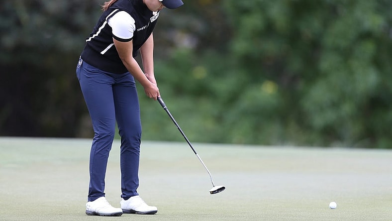 Dec 11, 2020; Houston, Texas, USA; Yu Jin Sung puts on the third green during the second round of the U.S. Women's Open golf tournament at Champions Golf Club. Mandatory Credit: Thomas Shea-USA TODAY Sports