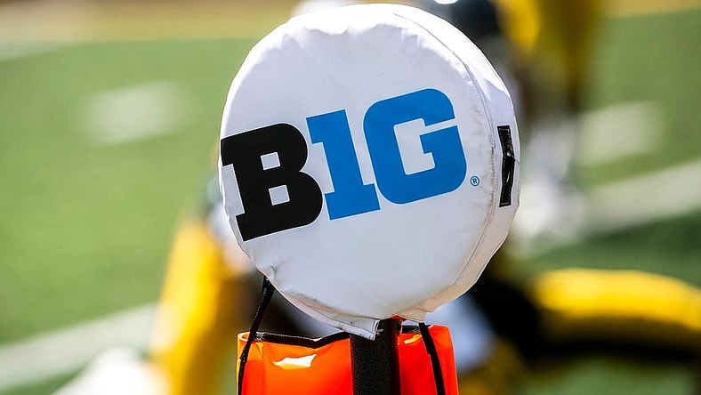 The logo of the Big Ten Conference is seen on a yard marker during Iowa Hawkeyes football Kids Day at Kinnick open practice, Saturday, Aug. 14, 2021, at Kinnick Stadium in Iowa City, Iowa.

210814 Ia Fb Kids Day 109 Jpg