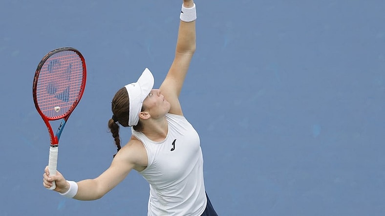 Sep 1, 2021; Flushing, NY, USA; Tamara Zidansek of Slovenia serves against Arnya Sabalenka of Belarus (not pictured) on day three of the 2021 U.S. Open tennis tournament at USTA Billie Jean King National Tennis Center. Mandatory Credit: Geoff Burke-USA TODAY Sports
