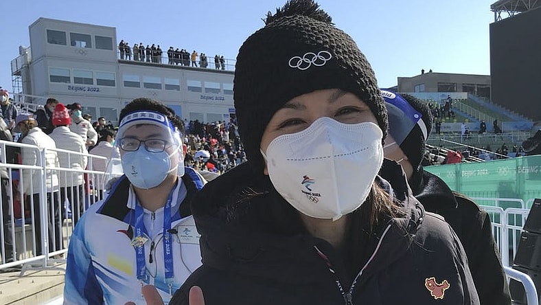 Feb 8, 2022; Beijing, China; Peng Shuai attends the freestyle skiing womens big air final during the Beijing 2022 Olympic Winter Games at Big Air Shougang. Mandatory Credit: Sandy Hooper-USA TODAY Sports