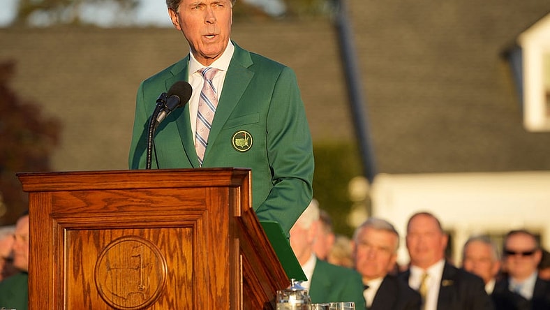 Apr 10, 2022; Augusta, Georgia, USA; Augusta National Golf Club Chairman Fred Ridley speaks during the green jacket ceremony during the final round of the Masters Tournament at Augusta National Golf Club. Mandatory Credit: Adam Cairns-Augusta Chronicle/USA TODAY Sports