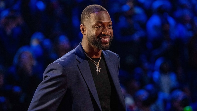 February 20, 2022; Cleveland, Ohio, USA; NBA great Dwyane Wade is honored for being selected to the NBA 75th Anniversary Team during halftime in the 2022 NBA All-Star Game at Rocket Mortgage FieldHouse. Mandatory Credit: Kyle Terada-USA TODAY Sports