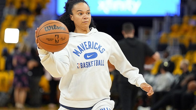 May 18, 2022; San Francisco, California, USA; Dallas Mavericks assistant coach Kristi Toliver before game one of the 2022 western conference finals against the Golden State Warriors at Chase Center. Mandatory Credit: Darren Yamashita-USA TODAY Sports