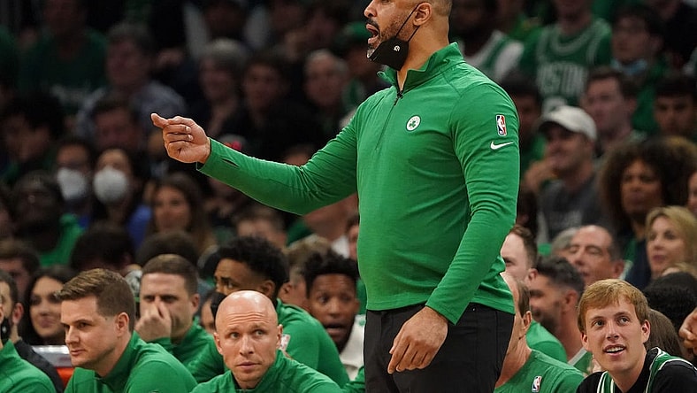 Jun 8, 2022; Boston, Massachusetts, USA; Boston Celtics head coach Ime Udoka reacts in the second quarter during game three of the 2022 NBA Finals against the Golden State Warriors at the TD Garden. Mandatory Credit: Kyle Terada-USA TODAY Sports