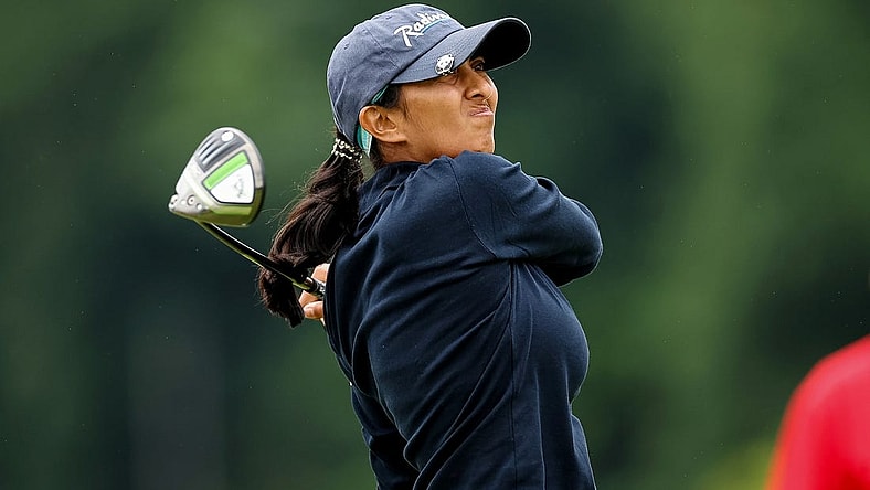 Jun 23, 2022; Bethesda, Maryland, USA; Aditi Ashok plays her shot from the 16th tee during the first round of the KPMG Women's PGA Championship golf tournament at Congressional Country Club. Mandatory Credit: Scott Taetsch-USA TODAY Sports