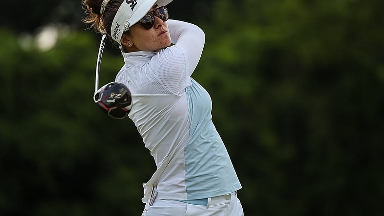 Jun 25, 2022; Bethesda, Maryland, USA; Hannah Green plays her shot from the 18th tee during the third round of the KPMG Women's PGA Championship golf tournament at Congressional Country Club. Mandatory Credit: Scott Taetsch-USA TODAY Sports