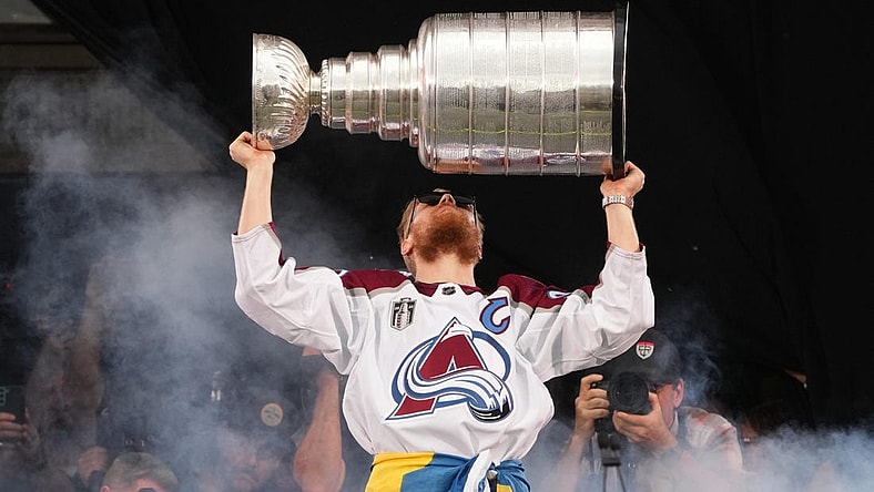 Jun 30, 2022; Denver, Colorado, USA; Colorado Avalanche left wing Gabriel Landeskog (92) during the Stanley Cup Championship Celebration. Mandatory Credit: Ron Chenoy-USA TODAY Sports