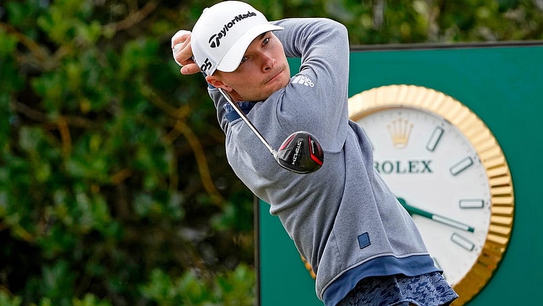 Jul 14, 2022; St. Andrews, SCT; Nicolai Hojgaard tees off on the third hole during the first round of the 150th Open Championship golf tournament at St. Andrews Old Course. Mandatory Credit: Michael Madrid-USA TODAY Sports