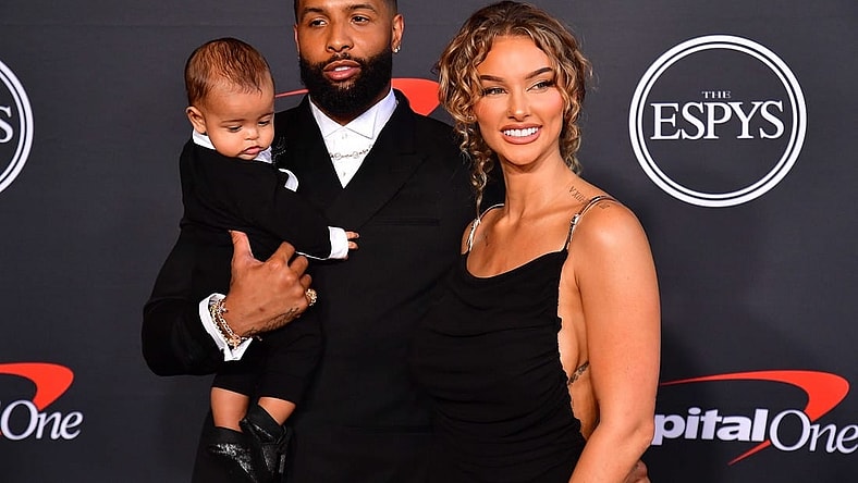 Jul 20, 2022; Los Angeles, CA, USA; NFL football player Odell Beckham Jr. and partner Lauren Wood with son Zydn arrive at the Red Carpet for the 2022 ESPY at Dolby Theater. Mandatory Credit: Gary A. Vasquez-USA TODAY Sports