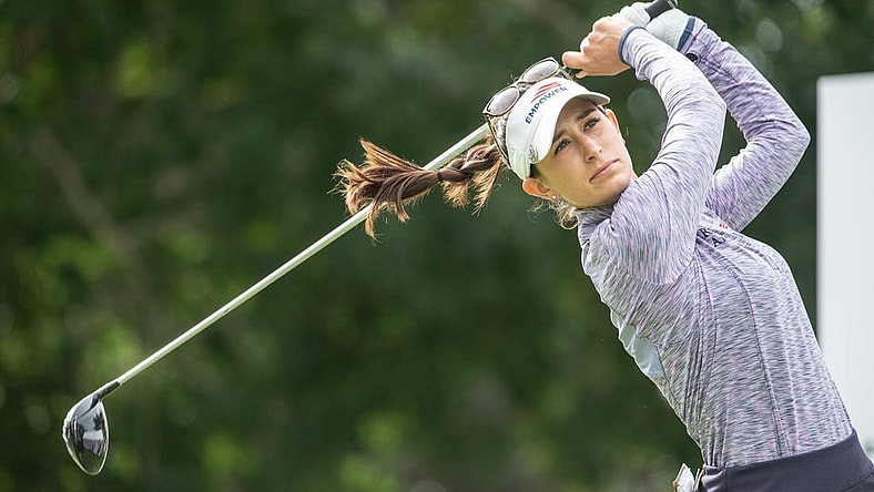 Aug 25, 2022; Ottawa, Ontario, CAN; Cheyenne Knight of the United States tees off during the first round of the CP Women's Open golf tournament. Mandatory Credit: Marc DesRosiers-USA TODAY Sports