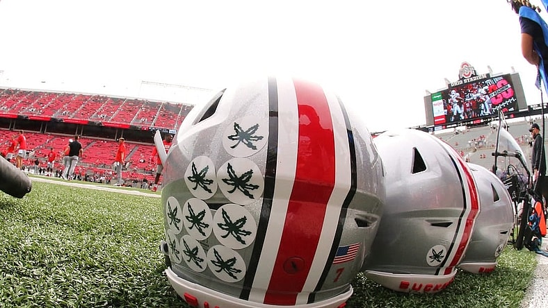 Sep 10, 2022; Columbus, Ohio, USA;  Ohio State Buckeyes helmets before the game against the Arkansas State Red Wolves at Ohio Stadium. Mandatory Credit: Joseph Maiorana-USA TODAY Sports