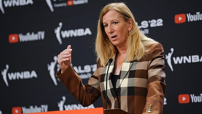 Sep 11, 2022; Las Vegas, Nevada, USA; WNBA commissioner Cathy Engelbert gives an opening statement to the media prior to game one of the 2022 WNBA Finals at Michelob Ultra Arena. Mandatory Credit: Lucas Peltier-USA TODAY Sports