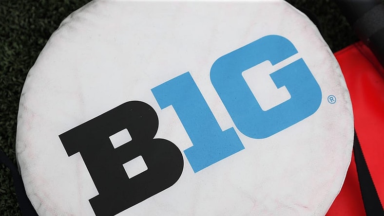 Sep 10, 2022; Madison, Wisconsin, USA;  Big Ten logo on sideline markers prior to the game between the Washington State Cougars and Wisconsin Badgers at Camp Randall Stadium. Mandatory Credit: Jeff Hanisch-USA TODAY Sports