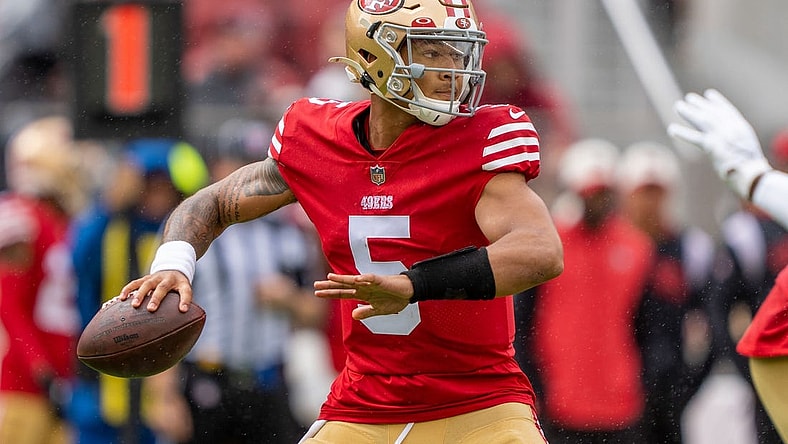 September 18, 2022; Santa Clara, California, USA; San Francisco 49ers quarterback Trey Lance (5) during the first quarter against the Seattle Seahawks at Levi's Stadium. Mandatory Credit: Kyle Terada-USA TODAY Sports