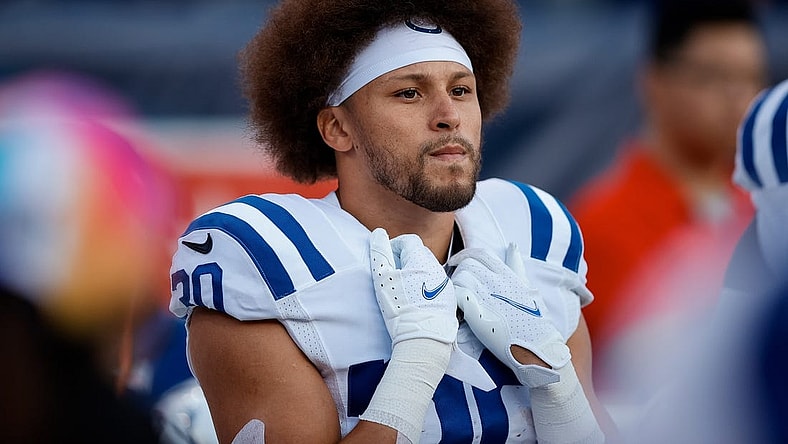 Oct 6, 2022; Denver, Colorado, USA; Indianapolis Colts running back Phillip Lindsay (30) before the game against the Denver Broncos at Empower Field at Mile High. Mandatory Credit: Isaiah J. Downing-USA TODAY Sports