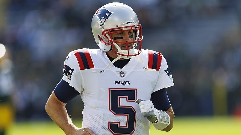 Oct 2, 2022; Green Bay, Wisconsin, USA;  New England Patriots quarterback Brian Hoyer (5) during warmups prior to the game against the Green Bay Packers at Lambeau Field. Mandatory Credit: Jeff Hanisch-USA TODAY Sports