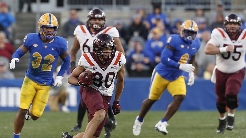 Oct 8, 2022; Pittsburgh, Pennsylvania, USA;  Virginia Tech Hokies wide receiver Kaleb Smith (80) runs after a catch against the Pittsburgh Panthers during the fourth quarter at Acrisure Stadium. Pittsburgh won 45-29. Mandatory Credit: Charles LeClaire-USA TODAY Sports